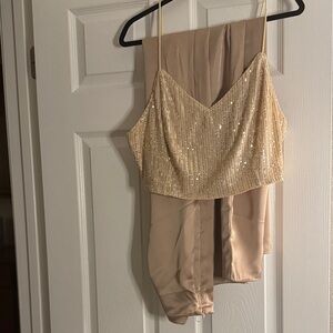 SHEIN Gold Sequin Top and Tan Pants Set